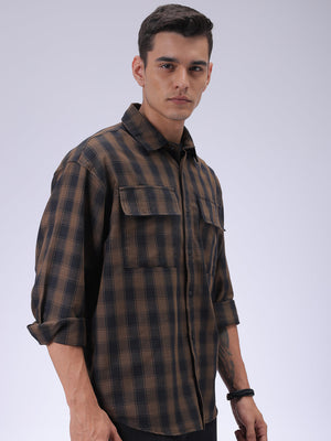 Men's Olive Oversized Fit Checked Shirt