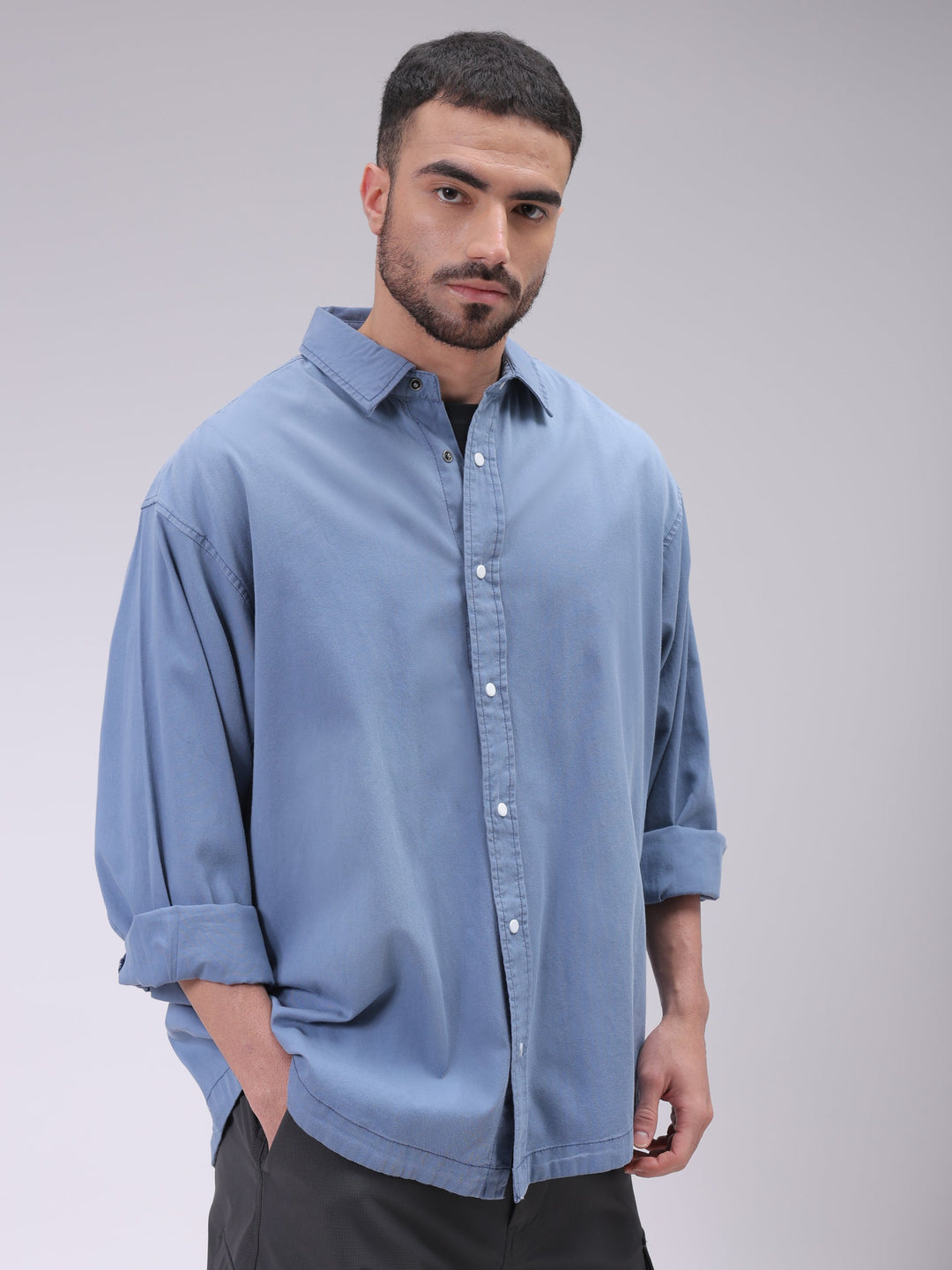 Men's Navy Blue Oversized Fit Solid Shirt