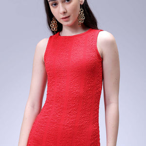 Women's Red Fitted Textured Bodycon Dress