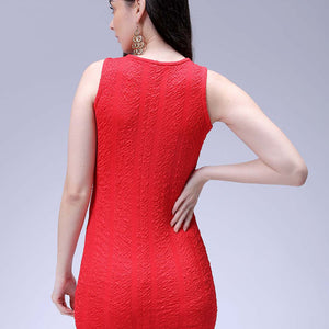 Women's Red Fitted Textured Bodycon Dress