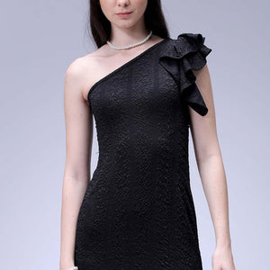 Women's Black Fitted Textured One Shoulder Dress