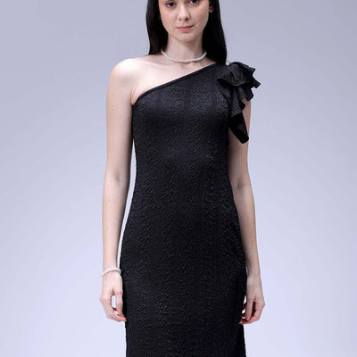 Women's Black Fitted Textured One Shoulder Dress