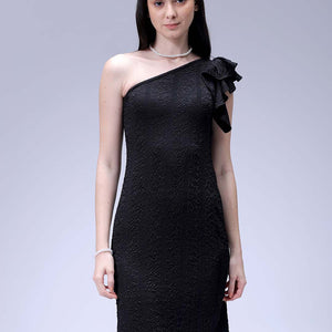 Women's Black Fitted Textured One Shoulder Dress