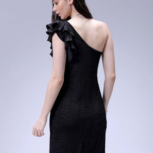 Women's Black Fitted Textured One Shoulder Dress