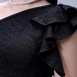 Women's Black Fitted Textured One Shoulder Dress