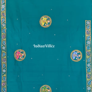 Azure Blue Radha Krishna Hand-Painted Pattachitra Art Silk Saree