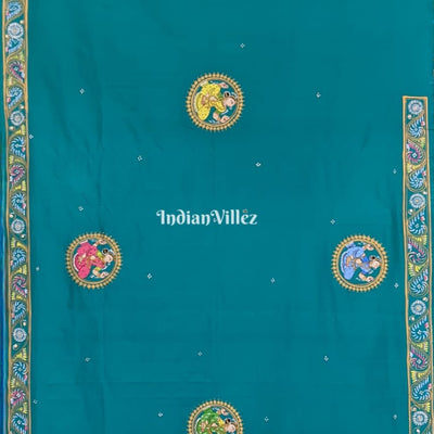 Azure Blue Radha Krishna Hand-Painted Pattachitra Art Silk Saree