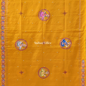 Yellow Kandarpa Ashwa (Horse) Pattachitra Saree