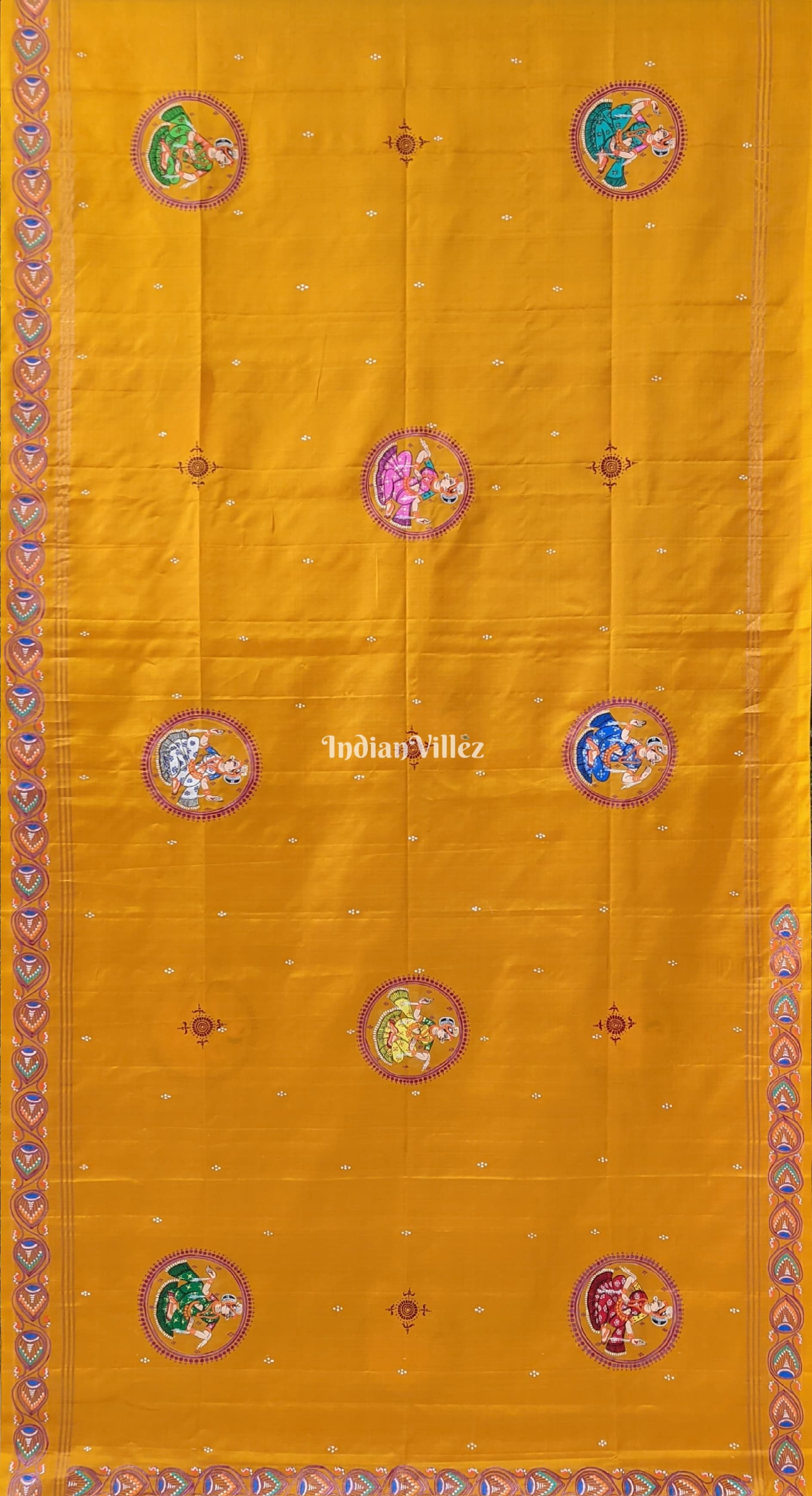 Yellow Kandarpa Ashwa (Horse) Pattachitra Saree