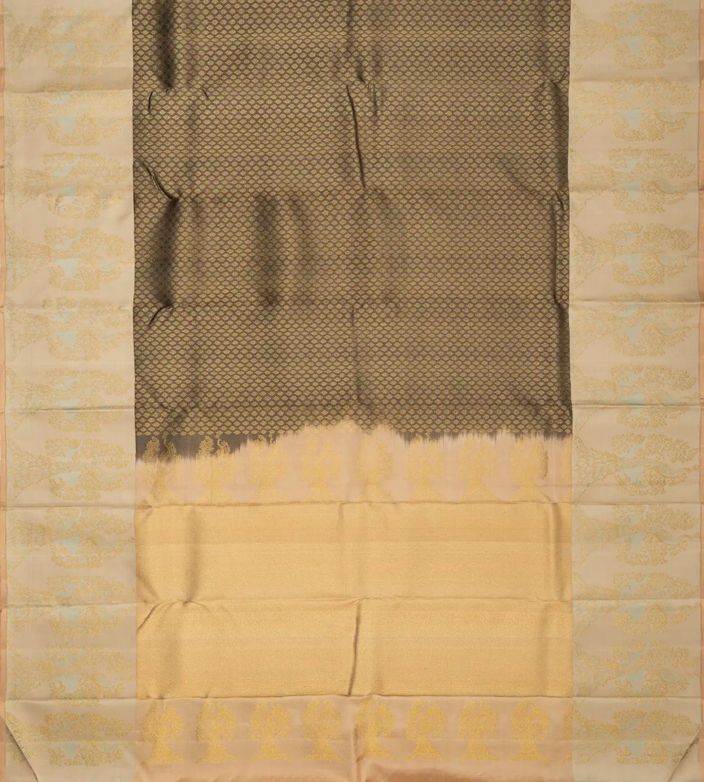 Dark Grey  Handloom Kanchipuram Silk Saree With Floral Motifs