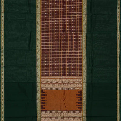 Maroon Handloom Kanchi Cotton Muppagam Saree With Checks & Button Motifs.