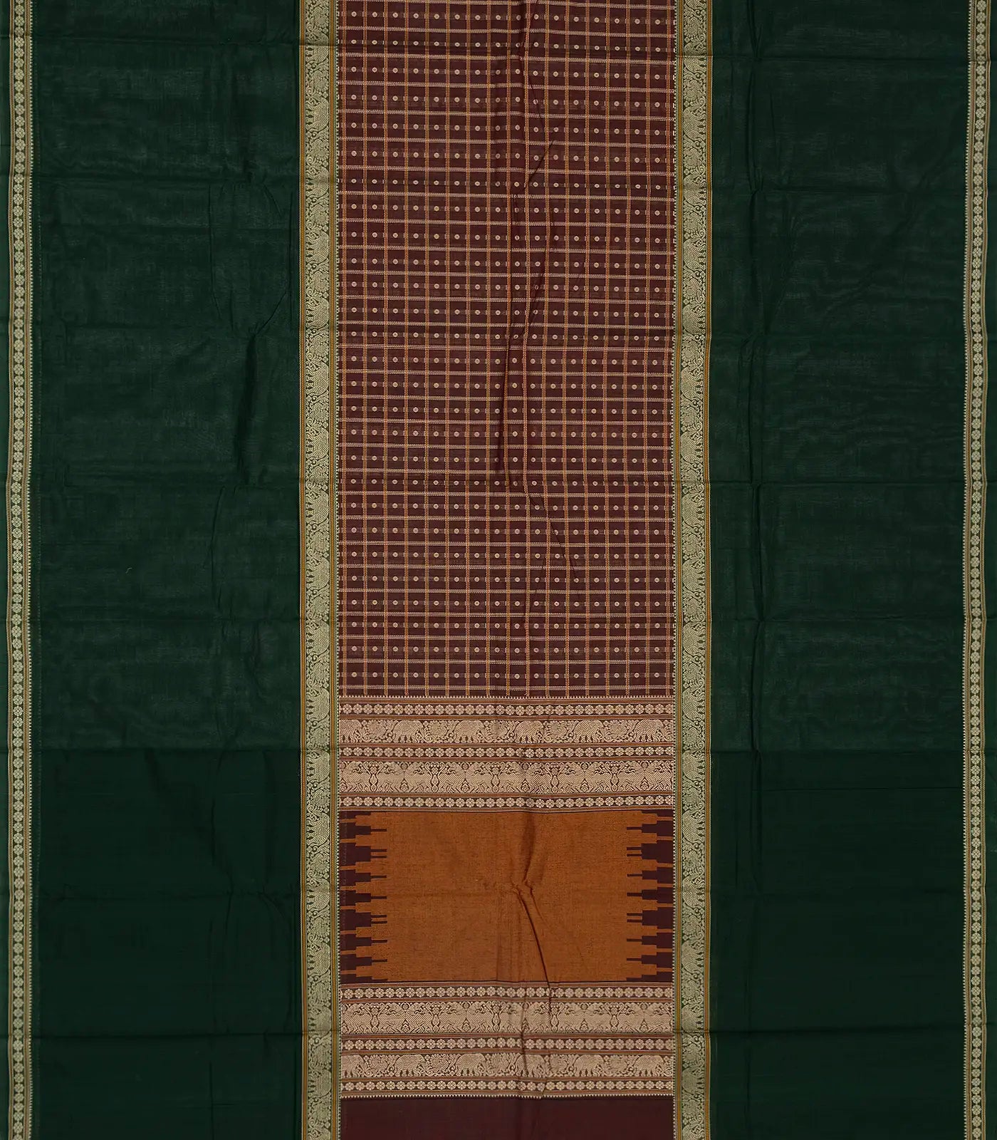 Maroon Handloom Kanchi Cotton Muppagam Saree With Checks & Button Motifs.