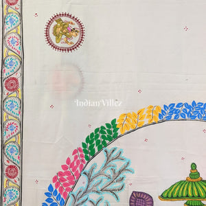 White Radha Krishna Boita Themed Pattachitra Saree