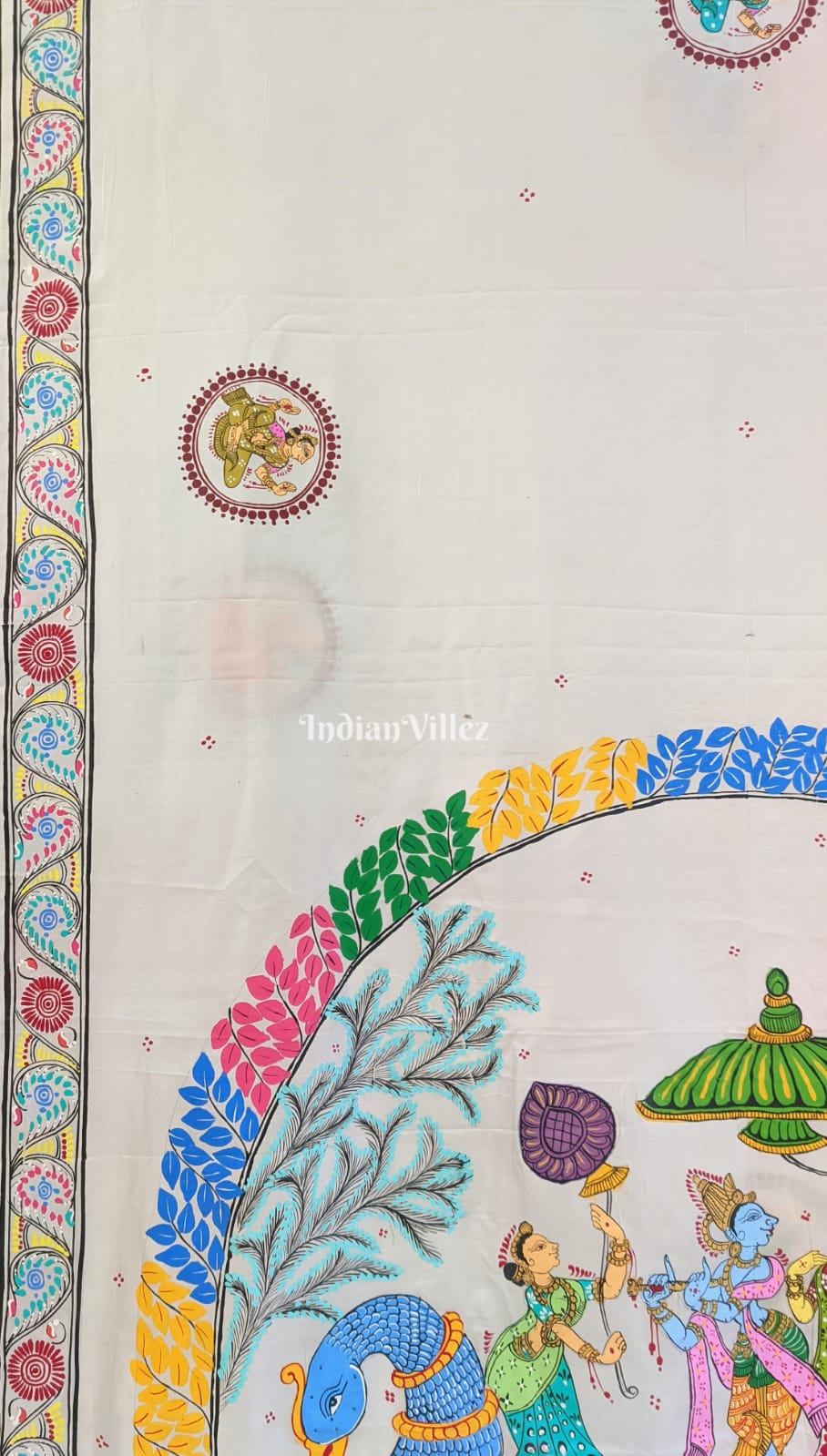 White Radha Krishna Boita Themed Pattachitra Saree