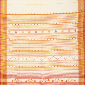 White Handloom Bhujodi Cotton Saree With Yellow Stripes