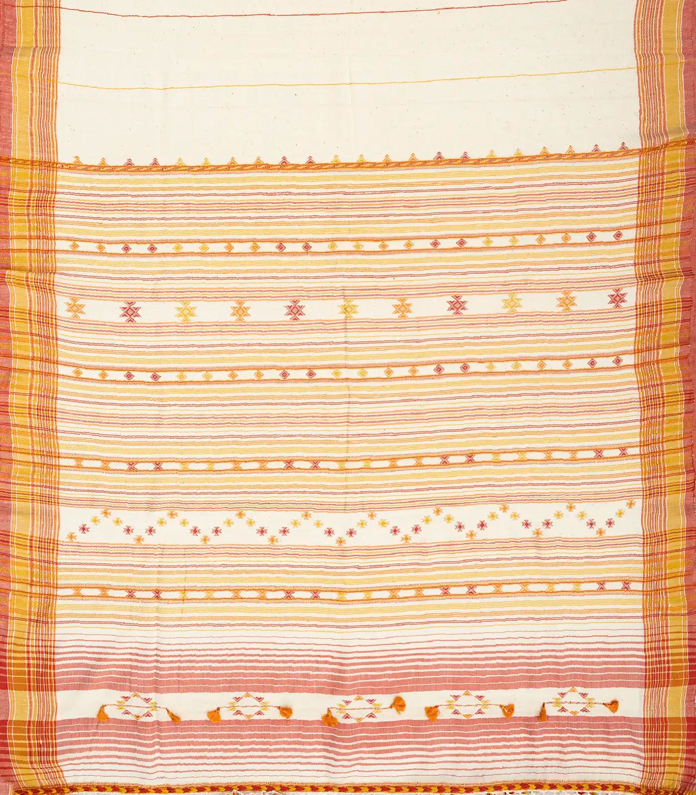 White Handloom Bhujodi Cotton Saree With Yellow Stripes