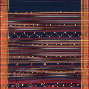 Navy Blue Handloom Bhujodi Cotton Saree With Stripes