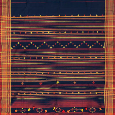 Navy Blue Handloom Bhujodi Cotton Saree With Stripes