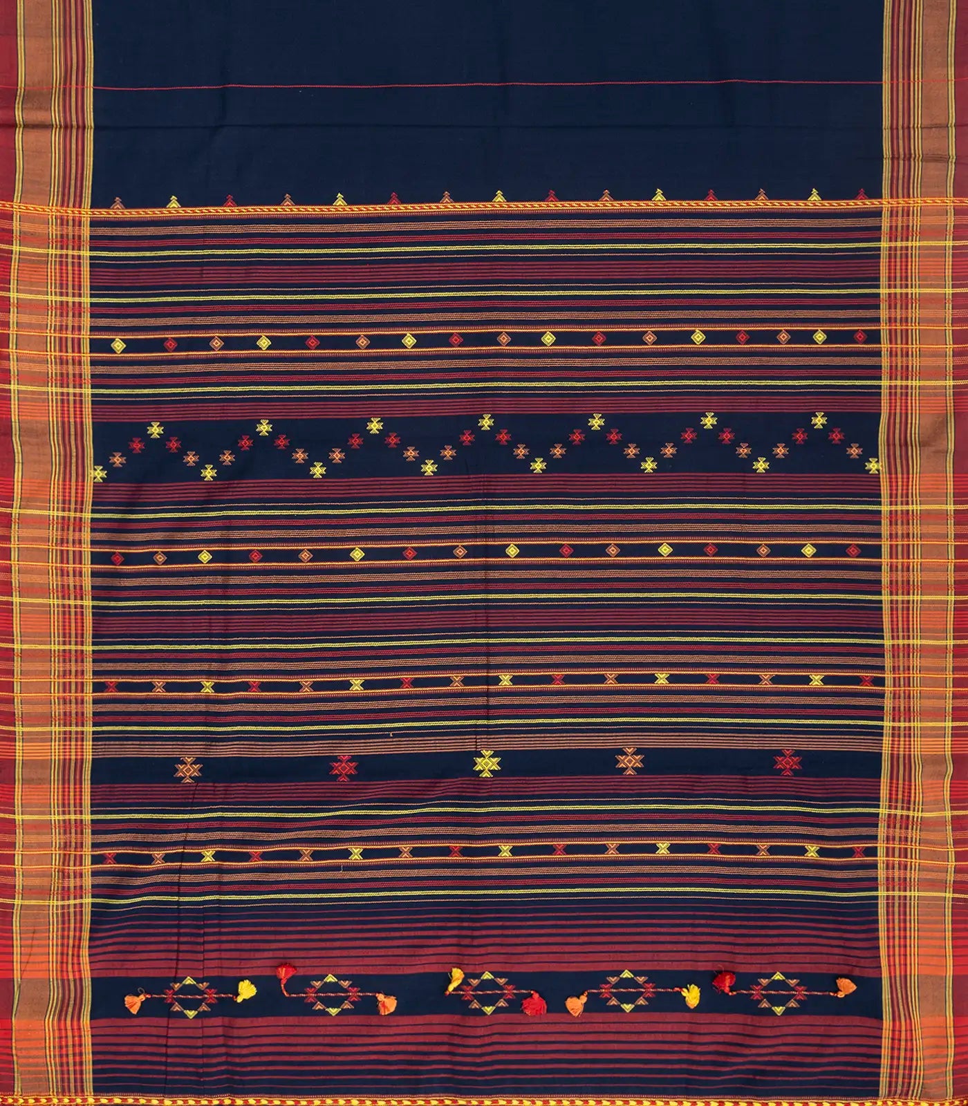 Navy Blue Handloom Bhujodi Cotton Saree With Stripes