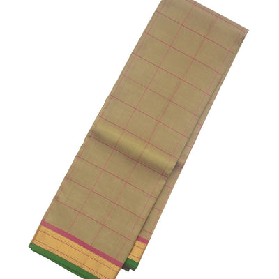Taupe Silk Saree With Checks & Pink Border