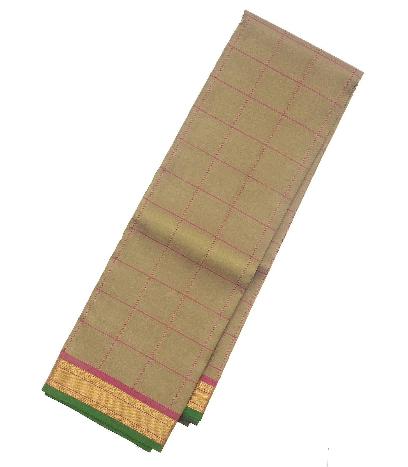 Taupe Silk Saree With Checks & Pink Border