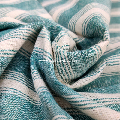 Off White with Turquoise Stripes Kotpad Handloom Fabric