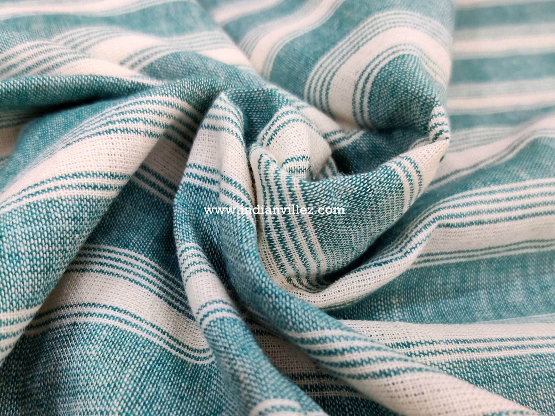 Off White with Turquoise Stripes Kotpad Handloom Fabric