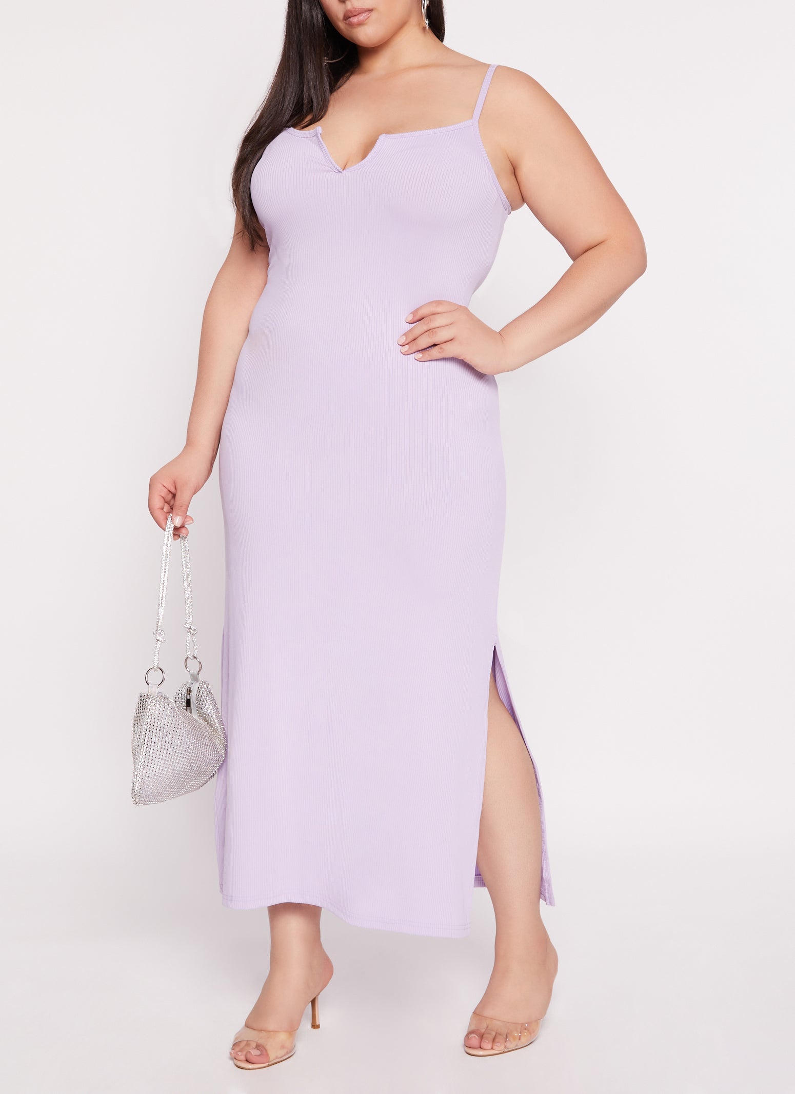 Plus Size Rib Knit Split Neck Cami Maxi Dress