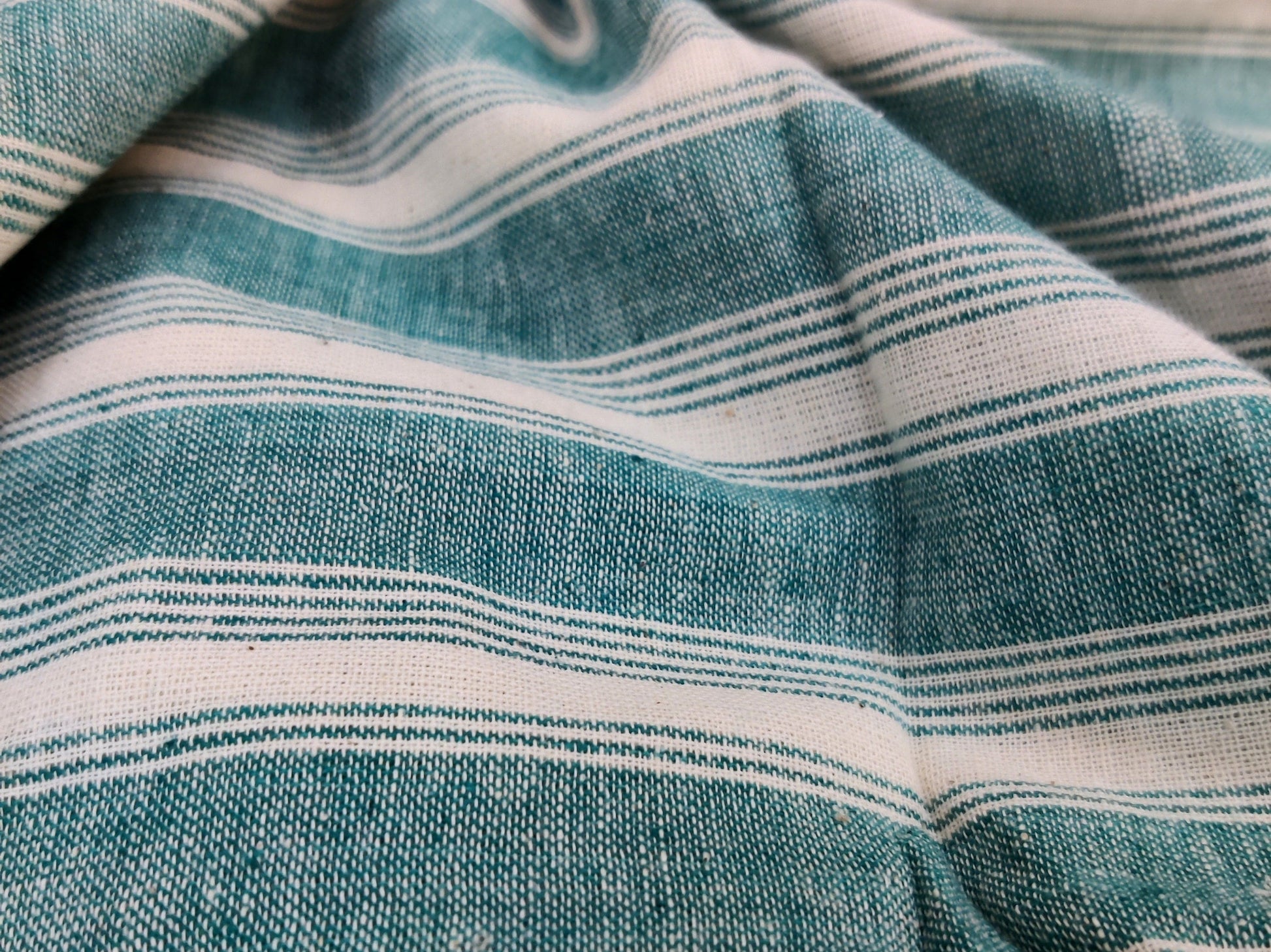 Off White with Turquoise Stripes Kotpad Handloom Fabric