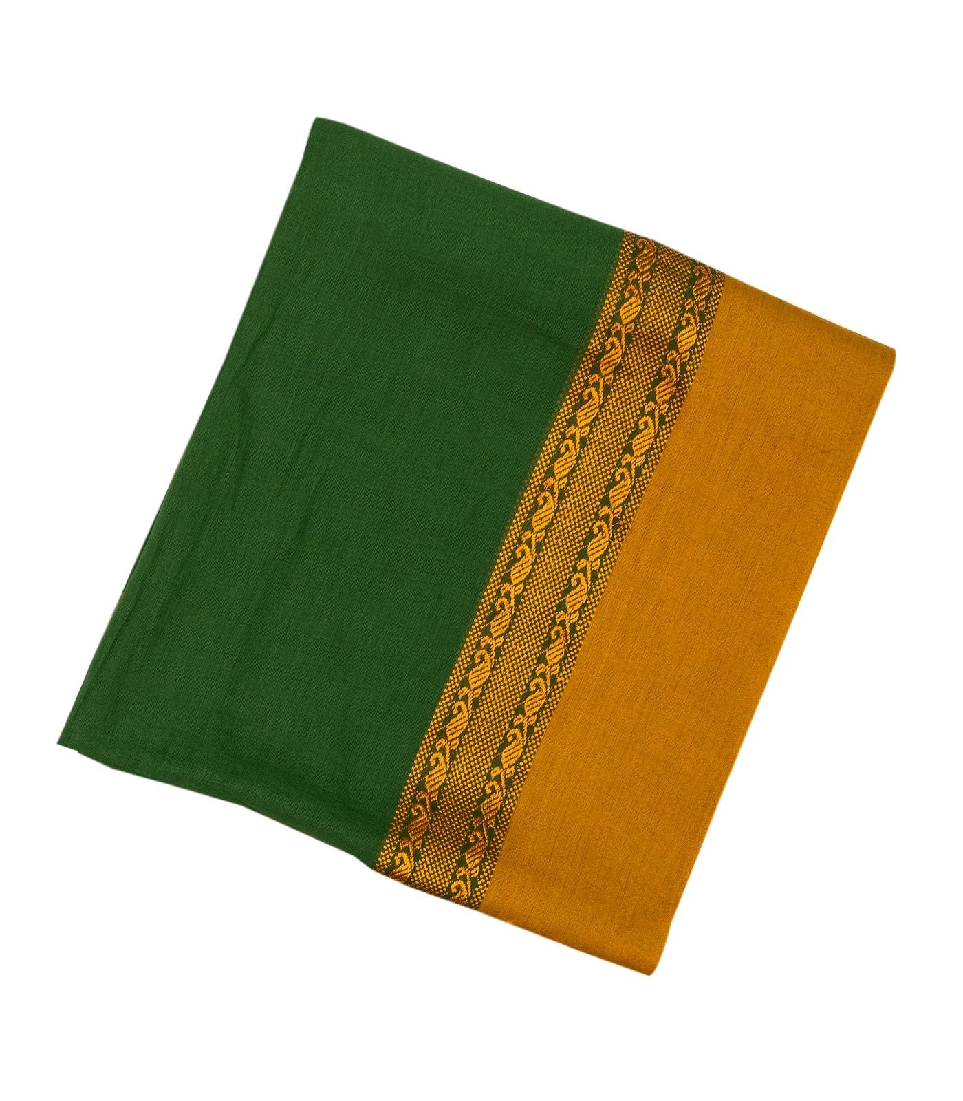 Dark Green Bengal Cotton Saree With Mustard Border