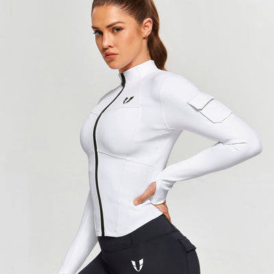 Stand Collar Fitness Moto Jacket - White