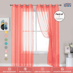 Sheer Curtain for Living Room with linen texture, Net Curtain for balcony, Pack of 2 Curtains - Peach with pom pom