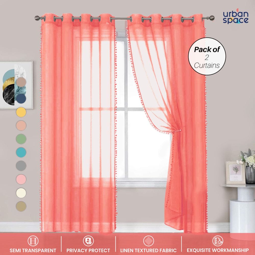 Sheer Curtain for Living Room with linen texture, Net Curtain for balcony, Pack of 2 Curtains - Peach with pom pom