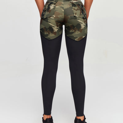 V-waist Gym Leggings - Abstract Camo and Black