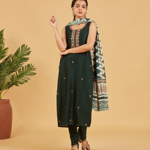 Bottle Green Embroidered Festive Kurta Set