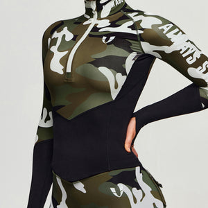 Half Zip Long Sleeve Top - White Green Camo