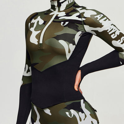 Half Zip Long Sleeve Top - White Green Camo