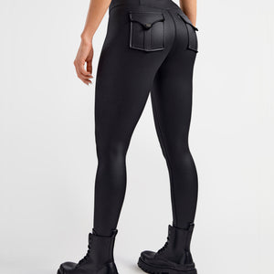 Faux Leather Cargo Power Leggings - Black