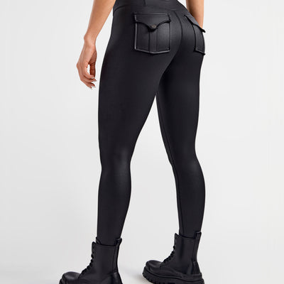 Faux Leather Cargo Power Leggings - Black