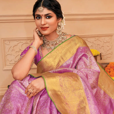 Bubblegum Pink Handloom Kanchipuram Silk Saree With Floral Zari Motifs