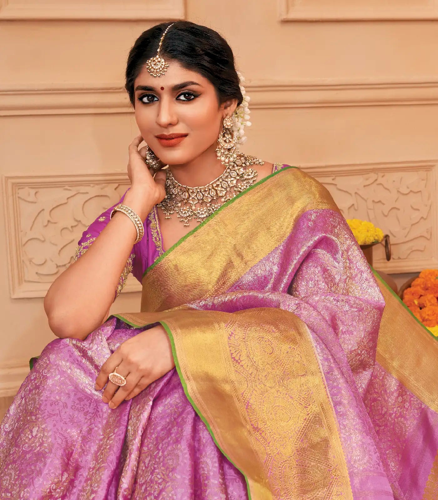 Bubblegum Pink Handloom Kanchipuram Silk Saree With Floral Zari Motifs