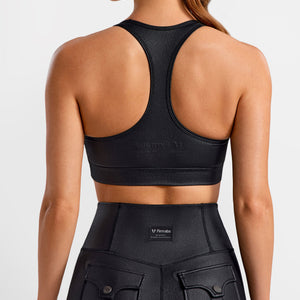 Faux Leather Active Bra - Black