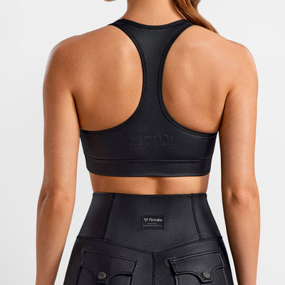 Faux Leather Active Bra - Black