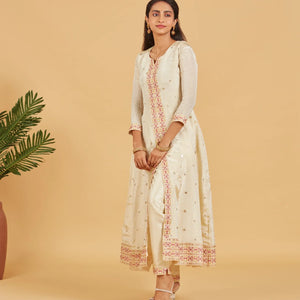 Cream Anarkali Suit With Contrast Fuchsia Pink Dupatta