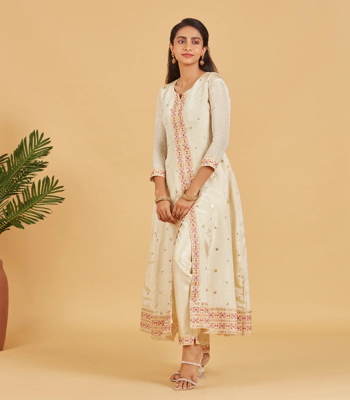 Cream Anarkali Suit With Contrast Fuchsia Pink Dupatta
