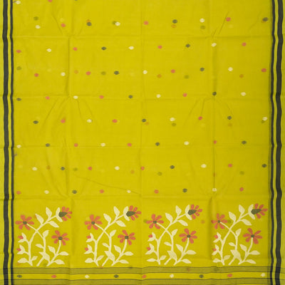 Green Handloom Dhakai Cotton Saree With Floral Motifs