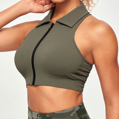 Ribbed Full Zip Padded Tank Top - Olive Green