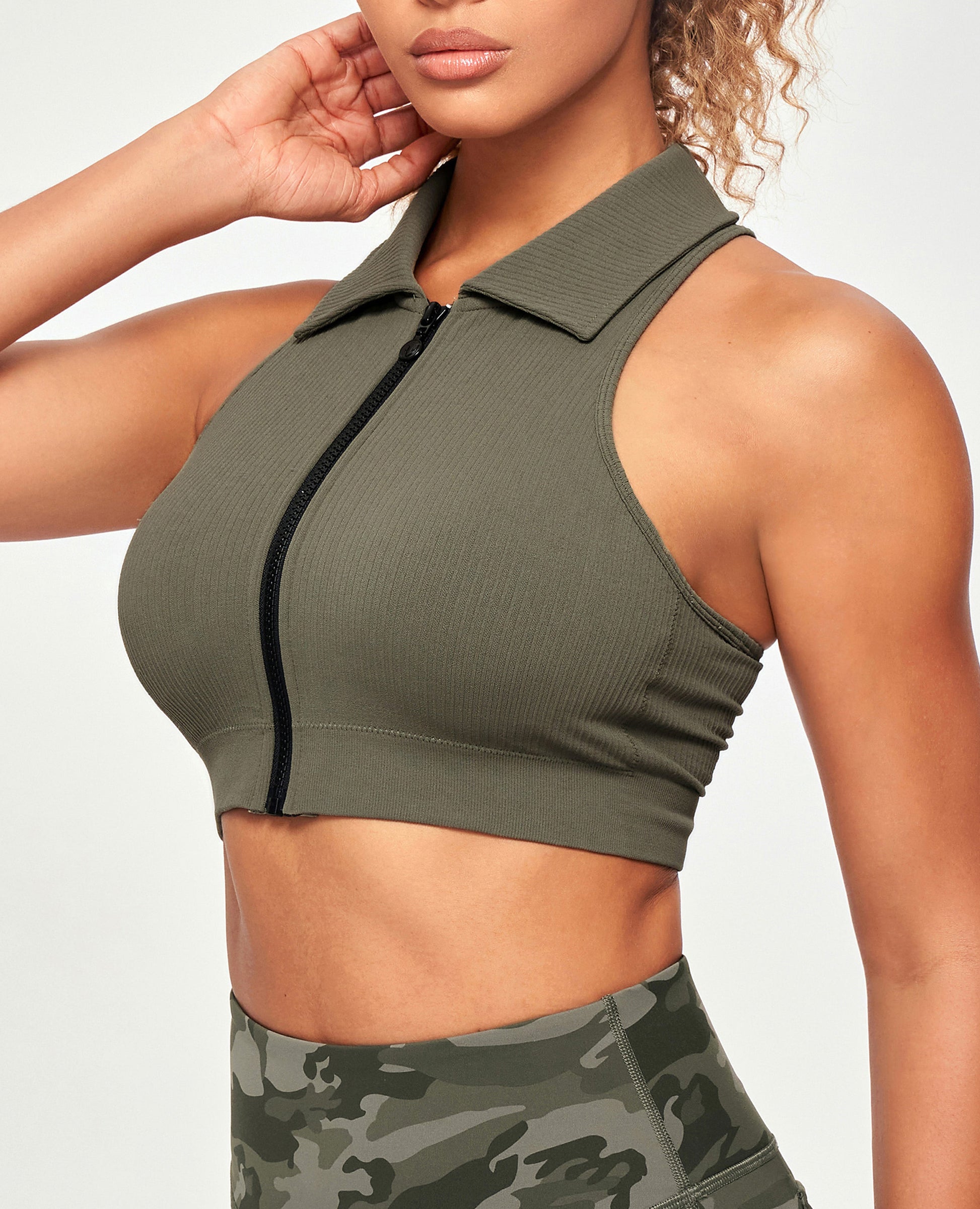 Ribbed Full Zip Padded Tank Top - Olive Green