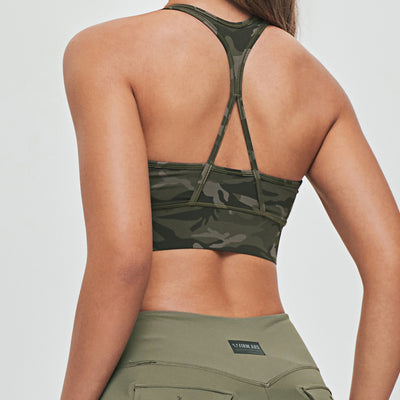 Zip Front Sports Bra - Green Camo