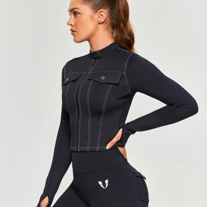 Contrast Stitching Moto Jacket - Black